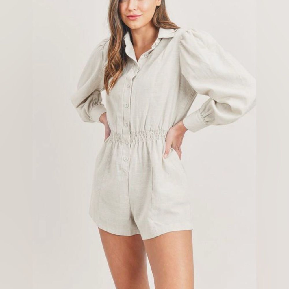 WeWoreWhat Womens Linen Button Down Romper Beige Small